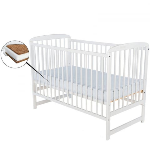 Mobilier si Lenjerie - Patut din lemn bebe, 120x60 cm, Din lemn de pin, Stabil si rezistent, Inaltime saltea reglabila pe 3 nivele, Laterala cu 3 bete detasabile, EN716-1, EN716-2, Alb + Saltea 10 cm, Babyneeds, Ola