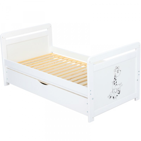 Patut din lemn bebe, Transformabil si pentru junior, 120x60 cm, Cu sertar cu capac, Din lemn de pin si mdf, Stabil si rezistent, Inaltime reglabila pe 3 nivele, Laterala cu 3 bete detasabile, EN716-1  [12]