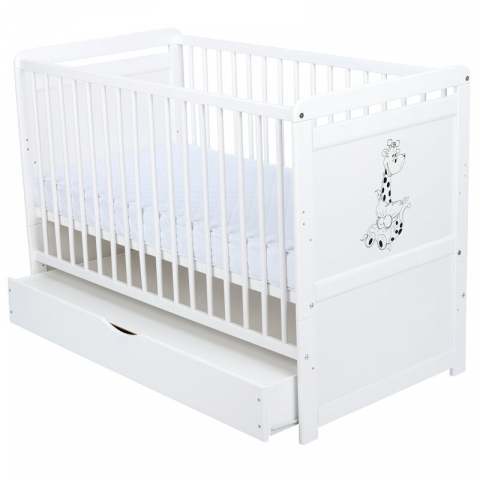 Patut din lemn bebe, Transformabil si pentru junior, 120x60 cm, Cu sertar cu capac, Din lemn de pin si mdf, Stabil si rezistent, Inaltime reglabila pe 3 nivele, Laterala cu 3 bete detasabile, EN716-1  [10]
