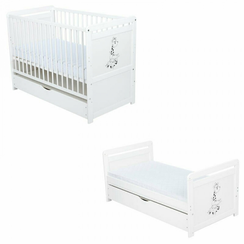 Mobilier si Lenjerie - Patut din lemn bebe, Transformabil si pentru junior, 120x60 cm, Cu sertar cu capac, Din lemn de pin si mdf, Stabil si rezistent, Inaltime reglabila pe 3 nivele, Laterala cu 3 bete detasabile, EN716-1 