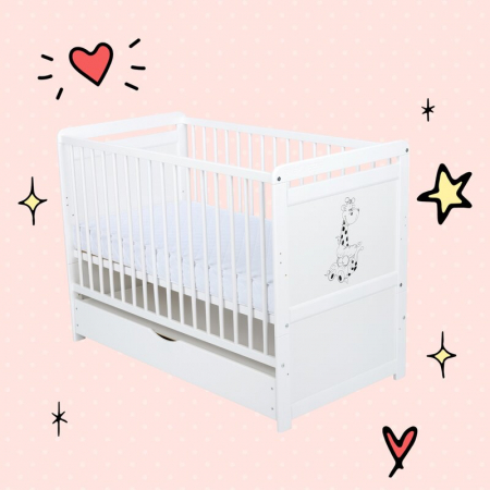 Patut din lemn bebe, Transformabil si pentru junior, 120x60 cm, Cu sertar cu capac, Din pin si mdf, Stabil si rezistent, Inaltime saltea reglabila pe 3 nivele, Laterala cu 3 bete detasabile, EN716-1,  [2]