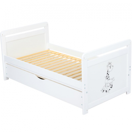 Patut din lemn bebe, Transformabil si pentru junior, 120x60 cm, Cu sertar cu capac, Din pin si mdf, Stabil si rezistent, Inaltime saltea reglabila pe 3 nivele, Laterala cu 3 bete detasabile, EN716-1,  [12]