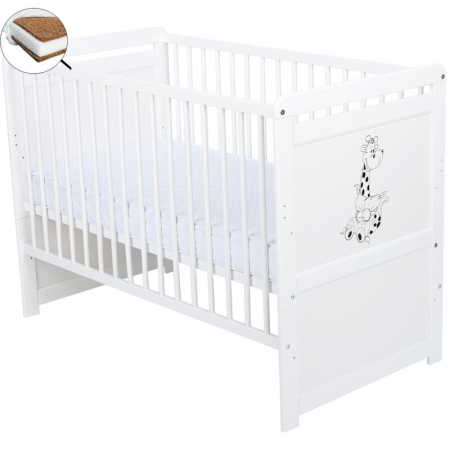 Patut din lemn bebe, Transformabil si pentru junior, 120x60 cm, Din lemn de pin si mdf, Stabil si rezistent, Inaltime saltea reglabila pe 3 nivele, Laterala cu 3 bete detasabile, EN716-1, EN716-2, Alb [1]