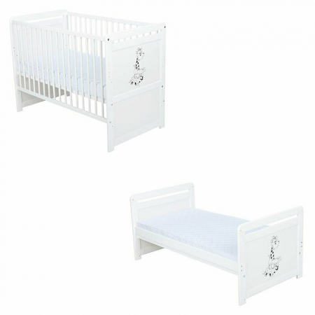 Mobilier si Lenjerie - Patut din lemn bebe, Transformabil si pentru junior, 120x60 cm, Din lemn de pin si mdf, Stabil si rezistent, Inaltime saltea reglabila pe 3 nivele, Laterala cu 3 bete detasabile, EN716-1, EN716-2, Alb