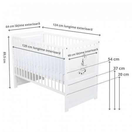 Patut din lemn bebe, Transformabil si pentru junior, 120x60 cm, Din lemn de pin si mdf, Stabil si rezistent, Inaltime saltea reglabila pe 3 nivele, Laterala cu 3 bete detasabile, EN716-1, EN716-2, Alb [3]