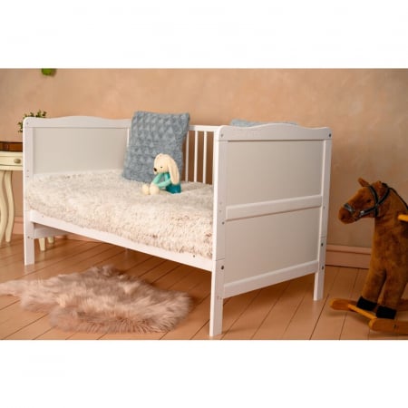 Patut din lemn bebe, Transformabil si pentru junior, 140x70 cm, Din lemn de pin si mdf, Stabil si rezistent, Inaltime saltea reglabila pe 3 nivele, Laterala cu 3 bete detasabile, EN716-1, EN716-2, Alb [4]