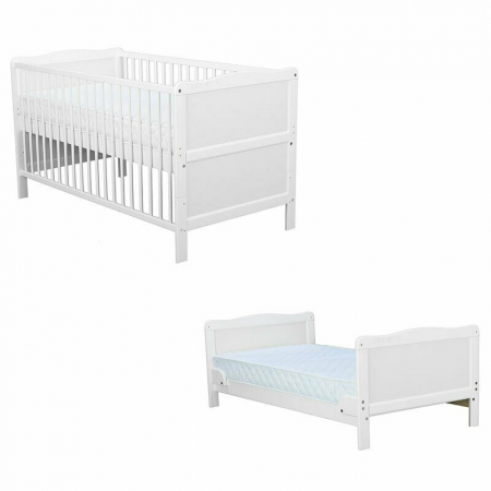 Mobilier si Lenjerie - Patut din lemn bebe, Transformabil si pentru junior, 140x70 cm, Din lemn de pin si mdf, Stabil si rezistent, Inaltime saltea reglabila pe 3 nivele, Laterala cu 3 bete detasabile, EN716-1, EN716-2, Alb