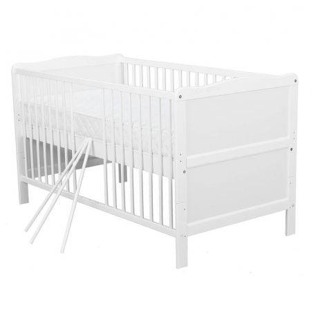 Patut din lemn bebe, Transformabil si pentru junior, 140x70 cm, Din lemn de pin si mdf, Stabil si rezistent, Inaltime saltea reglabila pe 3 nivele, Laterala cu 3 bete detasabile, EN716-1, EN716-2, Alb [11]