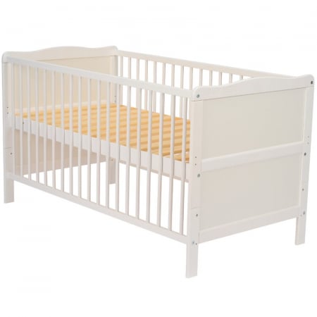 Patut din lemn bebe, Transformabil si pentru junior, 140x70 cm, Din lemn de pin si mdf, Stabil si rezistent, Inaltime saltea reglabila pe 3 nivele, Laterala cu 3 bete detasabile, EN716-1, EN716-2, Alb [13]