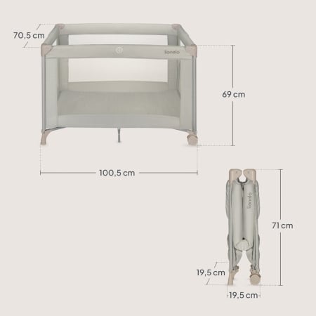 Patut pliant, Lionelo, Amelie, Cu intrare laterala, 100.5×70.5 cm, Include salteluta, roti, geanta pentru transport, Constructie usoara- 7 kg, Cadru stabil din otel, Bej [13]