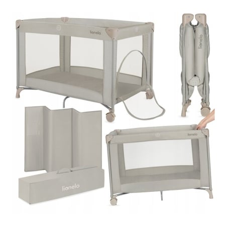 Patut pliant, Lionelo, Amelie, Cu intrare laterala, 100.5×70.5 cm, Include salteluta, roti, geanta pentru transport, Constructie usoara- 7 kg, Cadru stabil din otel, Bej [2]