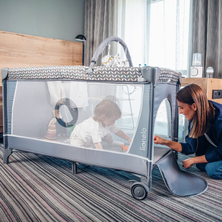 Patut pliant, Lionelo, Flower, Cu doua nivele, Cu arcada, Geanta transport, Masuta de infasat, Bara cu jucarii, Fereastra laterala, 120x60 cm, Conform cu standardele europeane de securitate EN 716 si  [7]