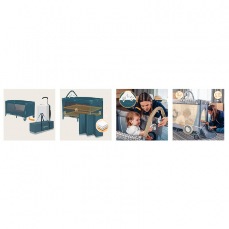 Patut pliant, Lionelo, Flower, Cu doua nivele, Cu arcada, Geanta transport, Masuta de infasat, Bara cu jucarii, Fereastra laterala, 120x60 cm, Conform cu standardele europeane de securitate EN 716 si  [13]