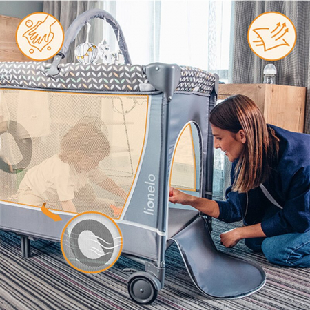 Patut pliant, Lionelo, Flower, Cu doua nivele, Cu arcada, Geanta transport, Masuta de infasat, Bara cu jucarii, Fereastra laterala, 120x60 cm, Conform cu standardele europeane de securitate EN 716 si  [43]