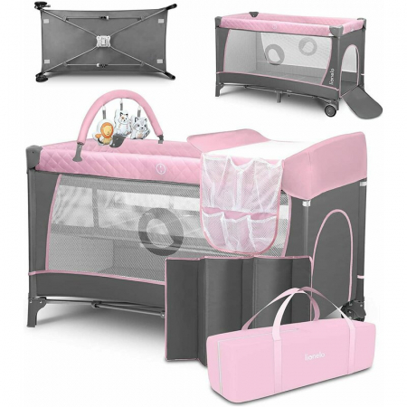 Patut pliant, Lionelo, Flower, Cu doua nivele, Cu arcada, Geanta transport, Masuta de infasat, Bara cu jucarii, Fereastra laterala, 120x60 cm, Conform cu standardele europeane de securitate EN 716 si  [3]