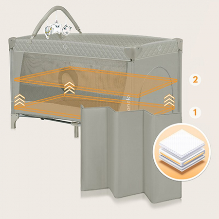 Patut pliant, Lionelo, Flower, Cu doua nivele, Cu arcada, Geanta transport, Masuta de infasat, Bara cu jucarii, Fereastra laterala, 120x60 cm, Conform cu standardele europeane de securitate EN 716 si  [12]
