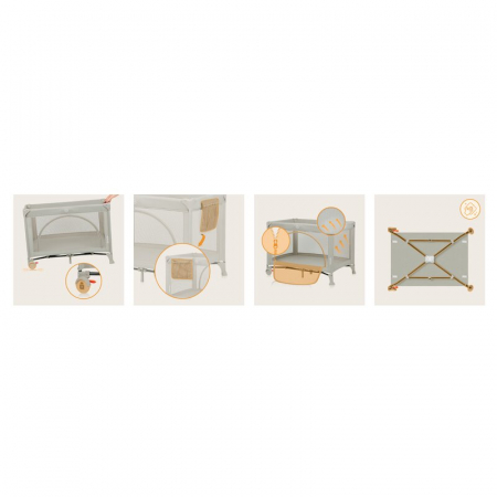 Patut pliant, Lionelo, Laura, 102 x 74 cm, Cu doua nivele, Functie de tarc, Cu roti, Include salteluta si geanta de transport, Pereti din plasa, Deschidere laterala, Pana la 15 kg, 0 luni +, Bej [19]