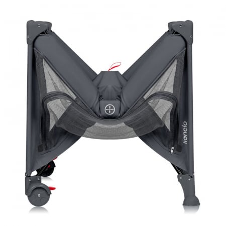 Patut pliant, Lionelo, Laura, 102 x 74 cm, Cu doua nivele, Functie de tarc, Cu roti, Include salteluta si geanta de transport, Pereti din plasa, Deschidere laterala, Pana la 15 kg, 0 luni +, Gri [15]
