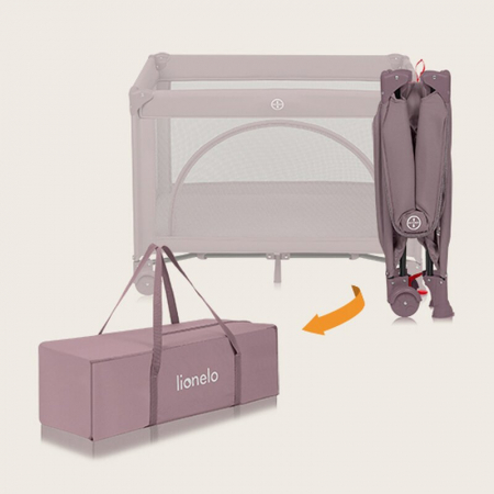 Patut pliant, Lionelo, Laura, 102 x 74 cm, Cu doua nivele, Functie de tarc, Cu roti, Include salteluta si geanta de transport, Pereti din plasa, Deschidere laterala, Pana la 15 kg, 0 luni +, Roz [9]