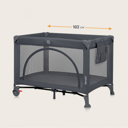 Patut pliant, Lionelo, Laura, 102 x 74 cm, Cu doua nivele, Functie de tarc, Cu roti, Include salteluta si geanta de transport, Pereti din plasa, Deschidere laterala, Pana la 15 kg, 0 luni +, Gri [8]