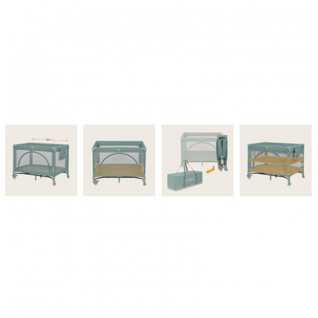 Patut pliant, Lionelo, Laura, 102 x 74 cm, Cu doua nivele, Functie de tarc, Cu roti, Include salteluta si geanta de transport, Pereti din plasa, Deschidere laterala, Pana la 15 kg, 0 luni +, Verde [24]