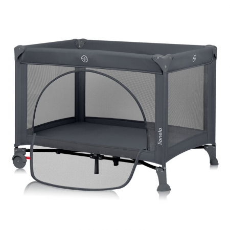 Patut pliant, Lionelo, Laura, 102 x 74 cm, Cu doua nivele, Functie de tarc, Cu roti, Include salteluta si geanta de transport, Pereti din plasa, Deschidere laterala, Pana la 15 kg, 0 luni +, Gri [2]