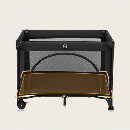 Patut pliant, Lionelo, Laura, 102 x 74 cm, Cu doua nivele, Functie de tarc, Cu roti, Include salteluta si geanta de transport, Pereti din plasa, Deschidere laterala, Pana la 15 kg, 0 luni +, Negru [10]