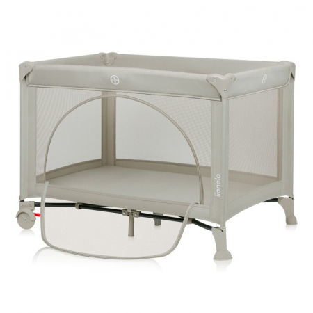 Patut pliant, Lionelo, Laura, 102 x 74 cm, Cu doua nivele, Functie de tarc, Cu roti, Include salteluta si geanta de transport, Pereti din plasa, Deschidere laterala, Pana la 15 kg, 0 luni +, Bej [2]