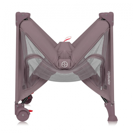 Patut pliant, Lionelo, Laura, 102 x 74 cm, Cu doua nivele, Functie de tarc, Cu roti, Include salteluta si geanta de transport, Pereti din plasa, Deschidere laterala, Pana la 15 kg, 0 luni +, Roz [17]