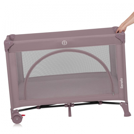Patut pliant, Lionelo, Laura, 102 x 74 cm, Cu doua nivele, Functie de tarc, Cu roti, Include salteluta si geanta de transport, Pereti din plasa, Deschidere laterala, Pana la 15 kg, 0 luni +, Roz [6]