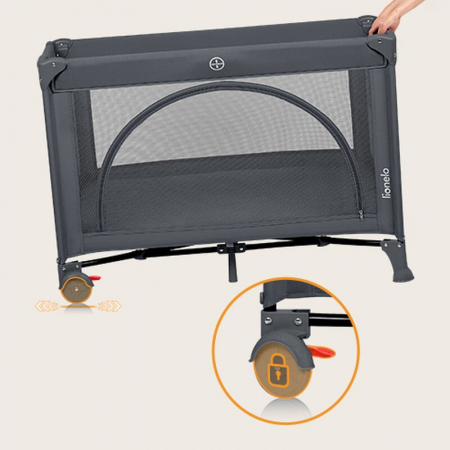 Patut pliant, Lionelo, Laura, 102 x 74 cm, Cu doua nivele, Functie de tarc, Cu roti, Include salteluta si geanta de transport, Pereti din plasa, Deschidere laterala, Pana la 15 kg, 0 luni +, Gri [11]