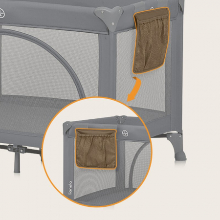 Patut pliant, Lionelo, Laura, 102 x 74 cm, Cu doua nivele, Functie de tarc, Cu roti, Include salteluta si geanta de transport, Pereti din plasa, Deschidere laterala, Pana la 15 kg, 0 luni +, Gri [12]