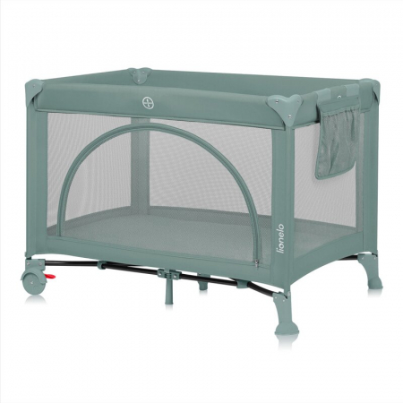 Patut pliant, Lionelo, Laura, 102 x 74 cm, Cu doua nivele, Functie de tarc, Cu roti, Include salteluta si geanta de transport, Pereti din plasa, Deschidere laterala, Pana la 15 kg, 0 luni +, Verde [4]
