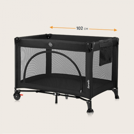 Patut pliant, Lionelo, Laura, 102 x 74 cm, Cu doua nivele, Functie de tarc, Cu roti, Include salteluta si geanta de transport, Pereti din plasa, Deschidere laterala, Pana la 15 kg, 0 luni +, Negru [7]
