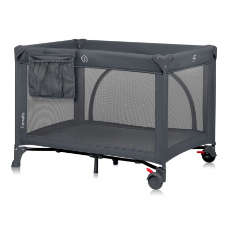 Patut pliant, Lionelo, Laura, 102 x 74 cm, Cu doua nivele, Functie de tarc, Cu roti, Include salteluta si geanta de transport, Pereti din plasa, Deschidere laterala, Pana la 15 kg, 0 luni +, Gri [4]