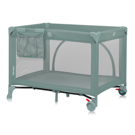Patut pliant, Lionelo, Laura, 102 x 74 cm, Cu doua nivele, Functie de tarc, Cu roti, Include salteluta si geanta de transport, Pereti din plasa, Deschidere laterala, Pana la 15 kg, 0 luni +, Verde [5]