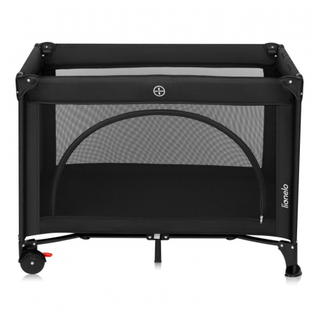 Patut pliant, Lionelo, Laura, 102 x 74 cm, Cu doua nivele, Functie de tarc, Cu roti, Include salteluta si geanta de transport, Pereti din plasa, Deschidere laterala, Pana la 15 kg, 0 luni +, Negru [4]