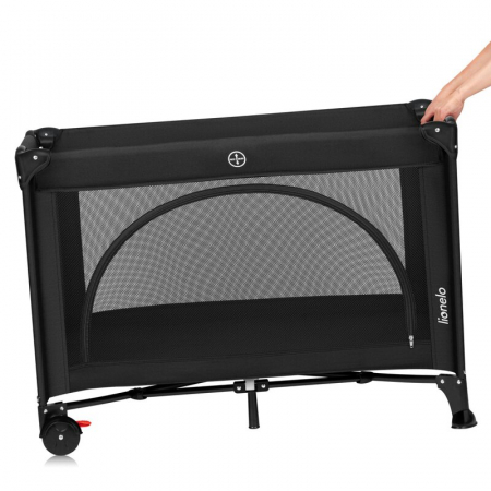Patut pliant, Lionelo, Laura, 102 x 74 cm, Cu doua nivele, Functie de tarc, Cu roti, Include salteluta si geanta de transport, Pereti din plasa, Deschidere laterala, Pana la 15 kg, 0 luni +, Negru [5]
