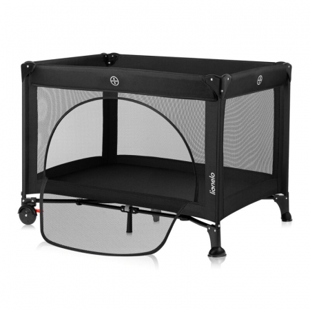 Patut pliant, Lionelo, Laura, 102 x 74 cm, Cu doua nivele, Functie de tarc, Cu roti, Include salteluta si geanta de transport, Pereti din plasa, Deschidere laterala, Pana la 15 kg, 0 luni +, Negru [2]