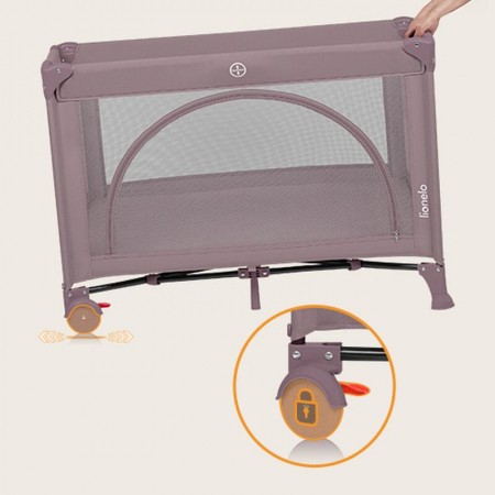 Patut pliant, Lionelo, Laura, 102 x 74 cm, Cu doua nivele, Functie de tarc, Cu roti, Include salteluta si geanta de transport, Pereti din plasa, Deschidere laterala, Pana la 15 kg, 0 luni +, Roz [11]