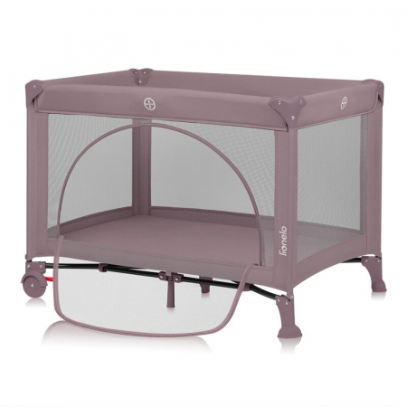 Patut pliant, Lionelo, Laura, 102 x 74 cm, Cu doua nivele, Functie de tarc, Cu roti, Include salteluta si geanta de transport, Pereti din plasa, Deschidere laterala, Pana la 15 kg, 0 luni +, Roz [2]