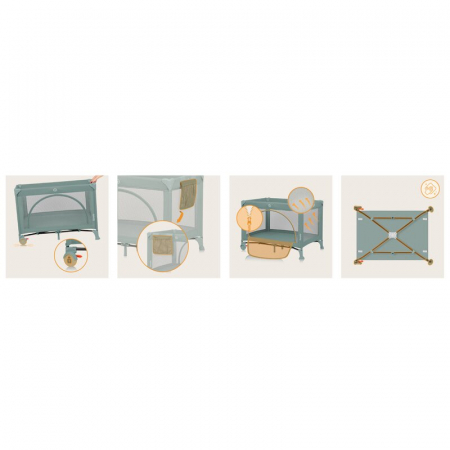 Patut pliant, Lionelo, Laura, 102 x 74 cm, Cu doua nivele, Functie de tarc, Cu roti, Include salteluta si geanta de transport, Pereti din plasa, Deschidere laterala, Pana la 15 kg, 0 luni +, Verde [23]