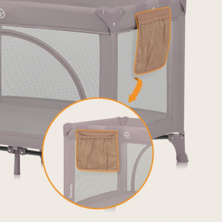 Patut pliant, Lionelo, Laura, 102 x 74 cm, Cu doua nivele, Functie de tarc, Cu roti, Include salteluta si geanta de transport, Pereti din plasa, Deschidere laterala, Pana la 15 kg, 0 luni +, Roz [12]