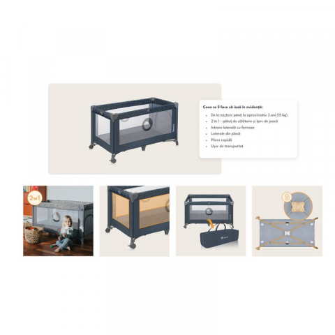 Patut pliant, Lionelo, Stefi, Cu un nivel, Cu intrare laterala cu fermoar, 2 roti, 120x60 cm, Conform cu standardul european de securitate EN 716, Negru [17]