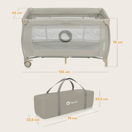 Patut pliant, Lionelo, Stefi Plus, Cu doua nivele, Cu intrare laterala cu fermoar, 2 roti, 120 x 60 cm, Conform cu standardul european de securitate EN 716, Bej [13]