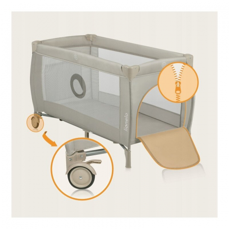 Patut pliant, Lionelo, Stefi Plus, Cu doua nivele, Cu intrare laterala cu fermoar, 2 roti, 120 x 60 cm, Conform cu standardul european de securitate EN 716, Bej [16]