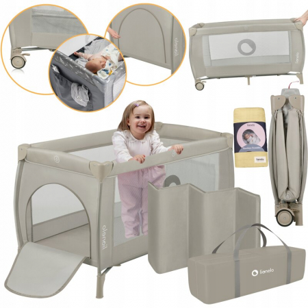 Patut pliant, Lionelo, Stefi Plus, Cu doua nivele, Cu intrare laterala cu fermoar, 2 roti, 120 x 60 cm, Conform cu standardul european de securitate EN 716, Bej [19]