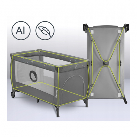 Patut pliant, Lionelo, Stefi Plus, Cu doua nivele, Cu intrare laterala cu fermoar, 2 roti, 120 x 60 cm, Conform cu standardul european de securitate EN 716, Gri/ Multicolor [15]