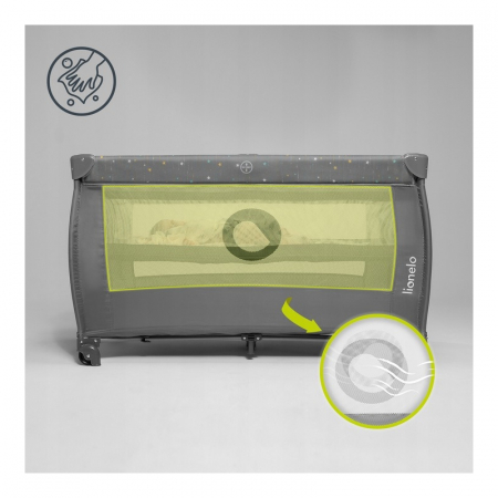Patut pliant, Lionelo, Stefi Plus, Cu doua nivele, Cu intrare laterala cu fermoar, 2 roti, 120 x 60 cm, Conform cu standardul european de securitate EN 716, Gri/ Multicolor [10]