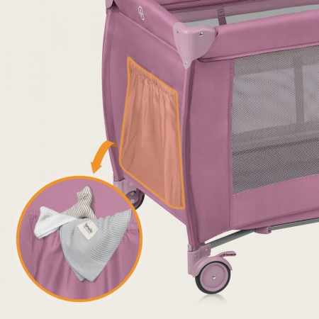 Patut pliant, Lionelo, Stefi Plus, Cu doua nivele, Cu intrare laterala cu fermoar, 2 roti, 120 x 60 cm, Conform cu standardul european de securitate EN 716, Roz [14]